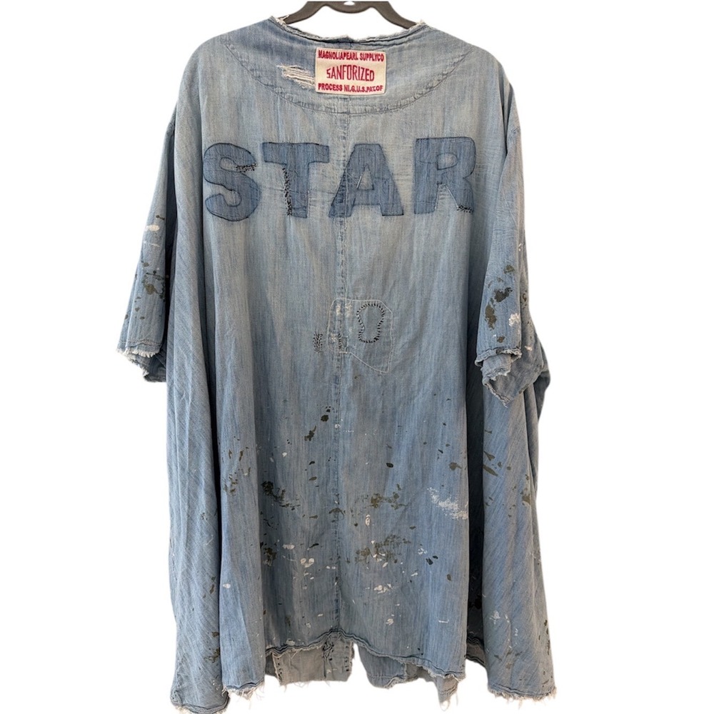 Magnolia Pearl Sanforized Star Denim Shirt Dress Oversized Paint Splatter OSFM